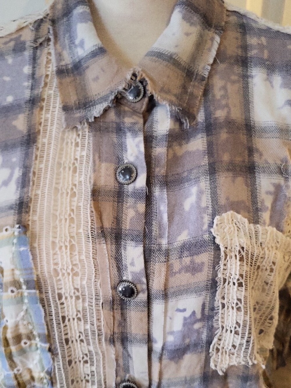 POL Patchwork Plaid Button-Up Shirt in Beige and Gray - Picture 2 of 8